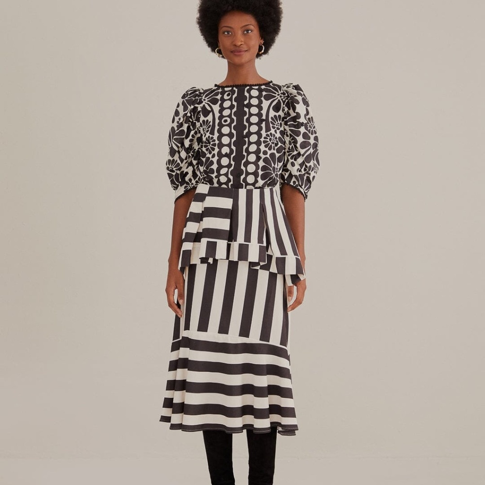 Black Mixed Stripes Midi Skirt